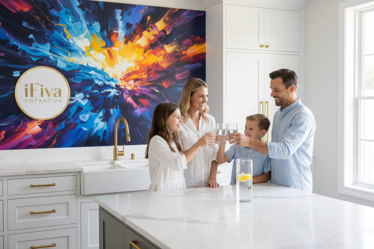 family in kicthen enjoying a fresh glass of water in a white and gold fixtures with a high intense background color  with ifiva filtration logo on one side of the kitchen