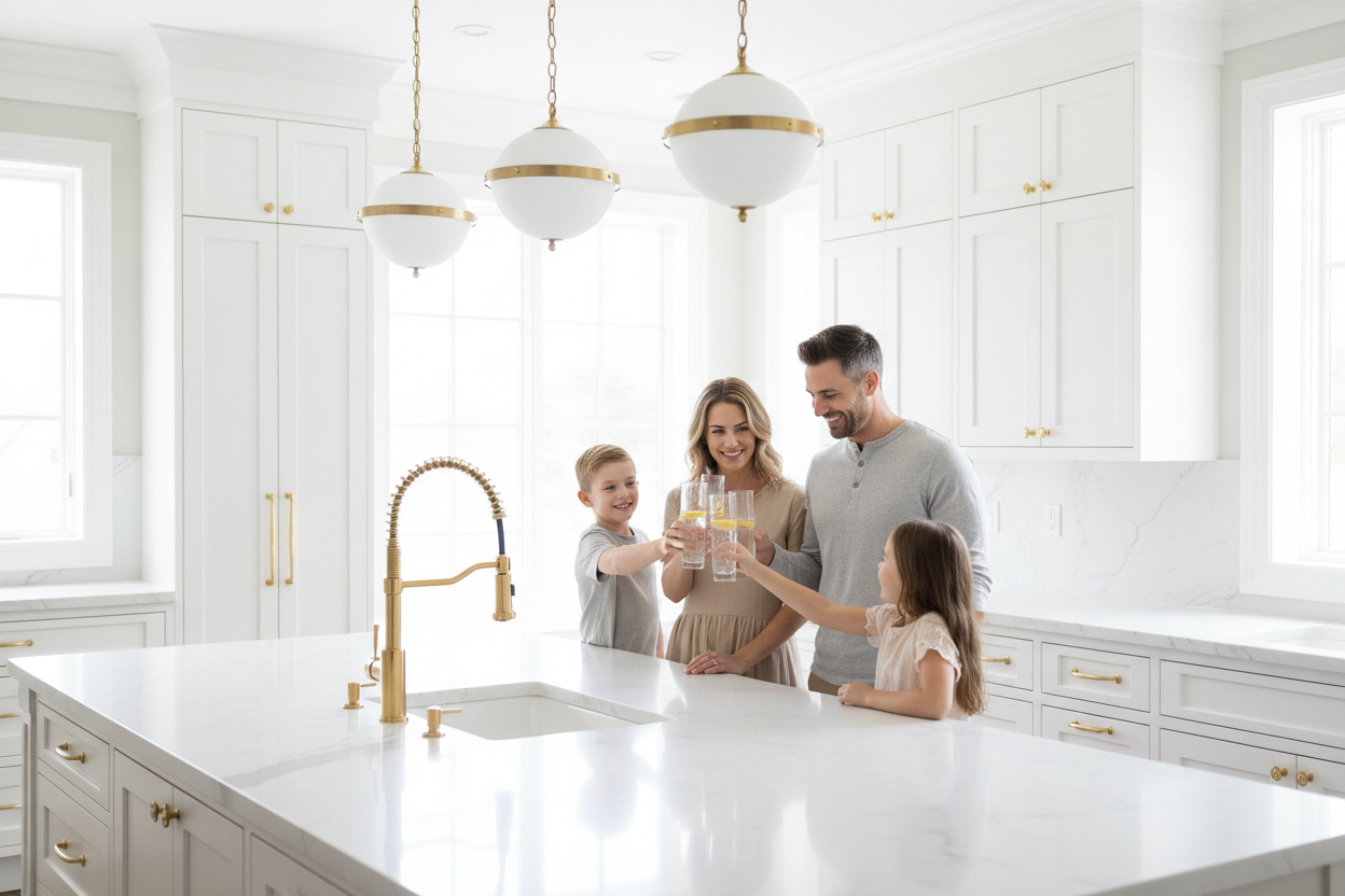 family in kitchen enjoying glass of pure water in a white and gold fixtures kitchen  
